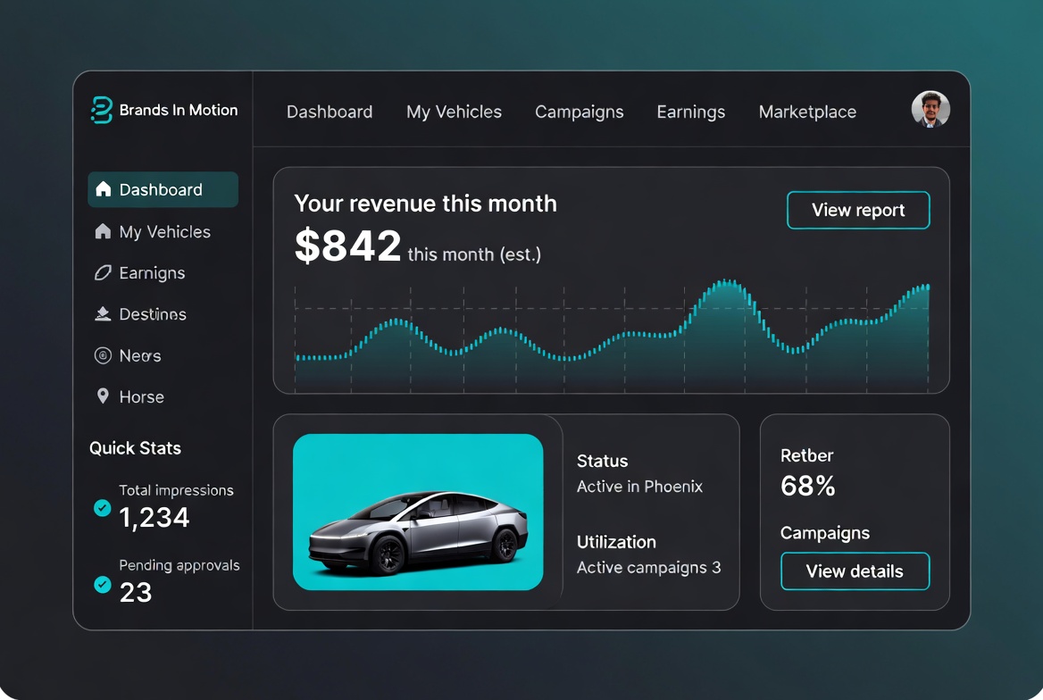 Brands In Motion operator dashboard showing revenue, vehicle status, and campaign metrics