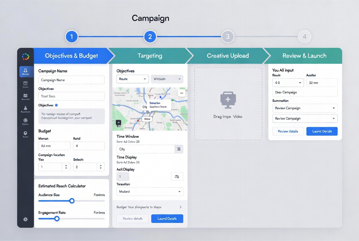 Four-step campaign builder: Objectives & Budget, Targeting, Creative Upload, Review & Launch