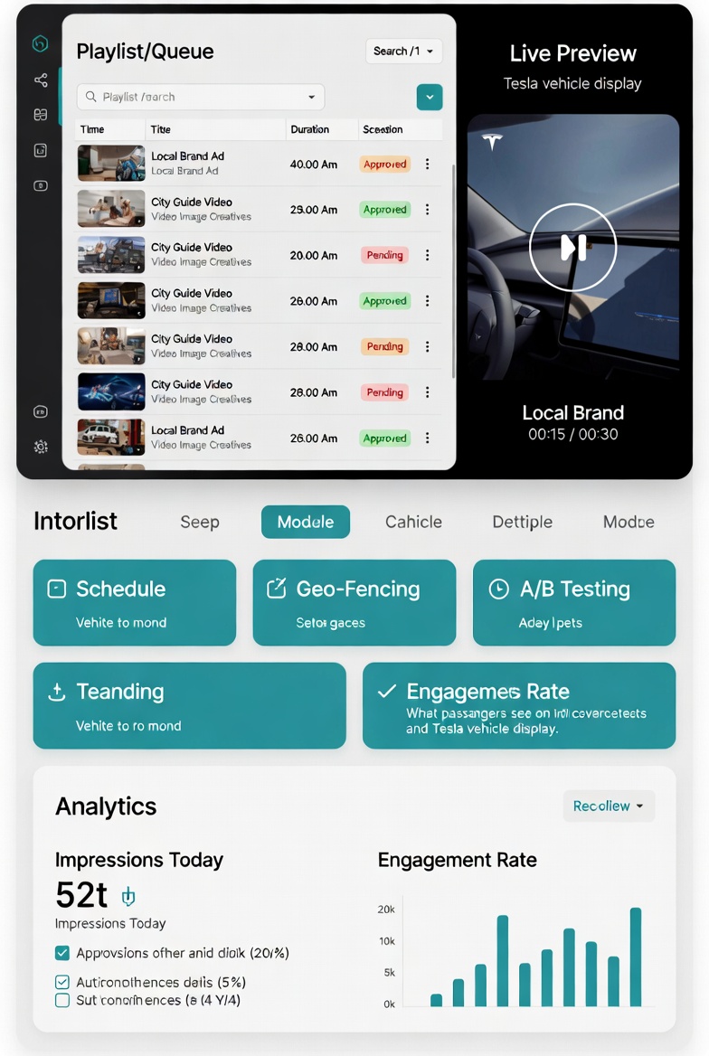 Playlist queue with live preview of Tesla vehicle display and analytics